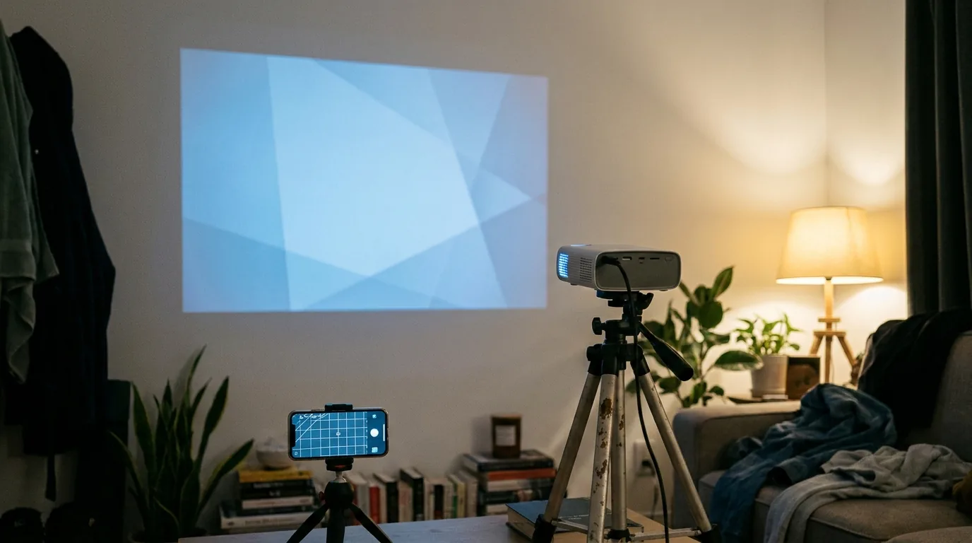 Free projection mapping software compared — a projector mapping warped video onto a textured wall while a phone and laptop control the map