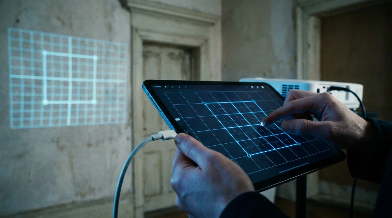 Projection mapping on an iPhone and iPad with SurfaBeam Pro, sending the mapped image to a projector through an HDMI adapter
