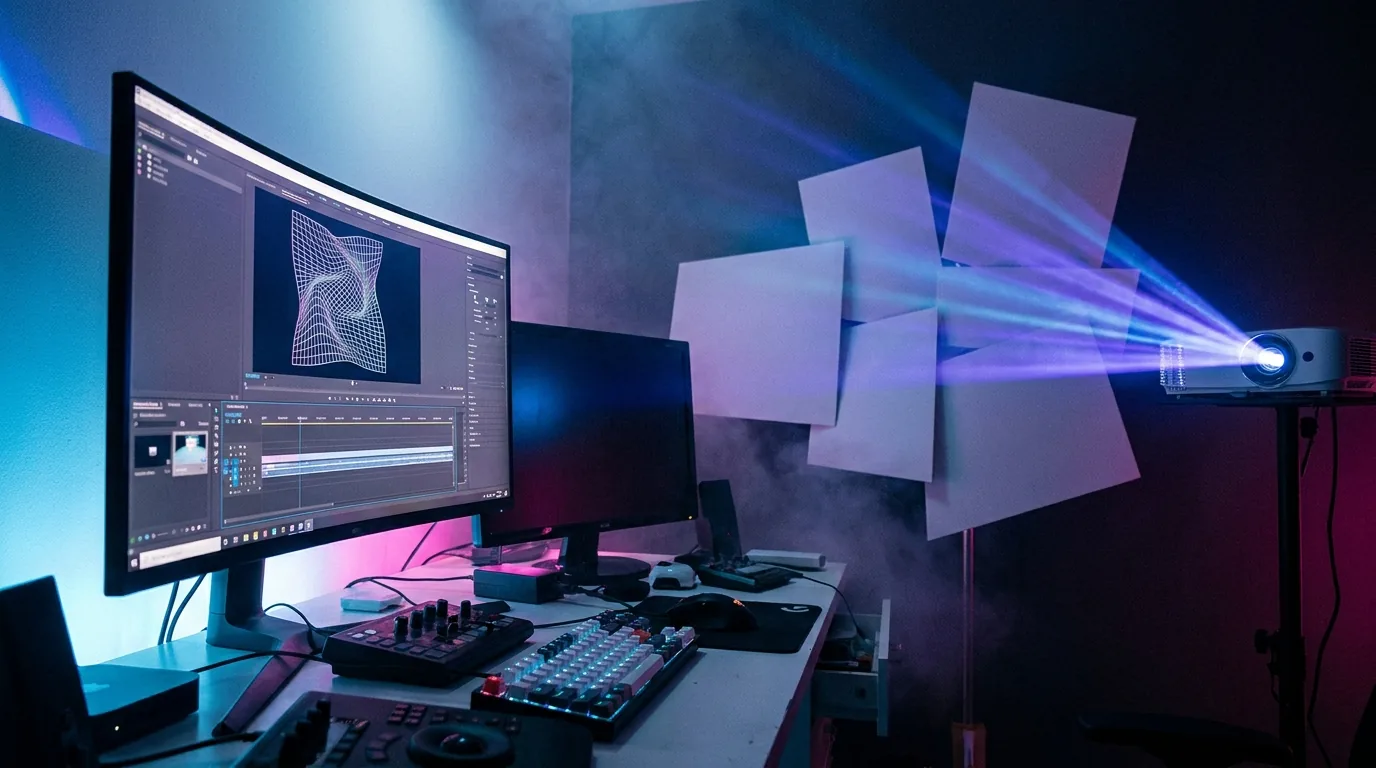 SurfaBeam projection mapping software for Windows running on a PC, with a projector mapping warped visuals onto a wall