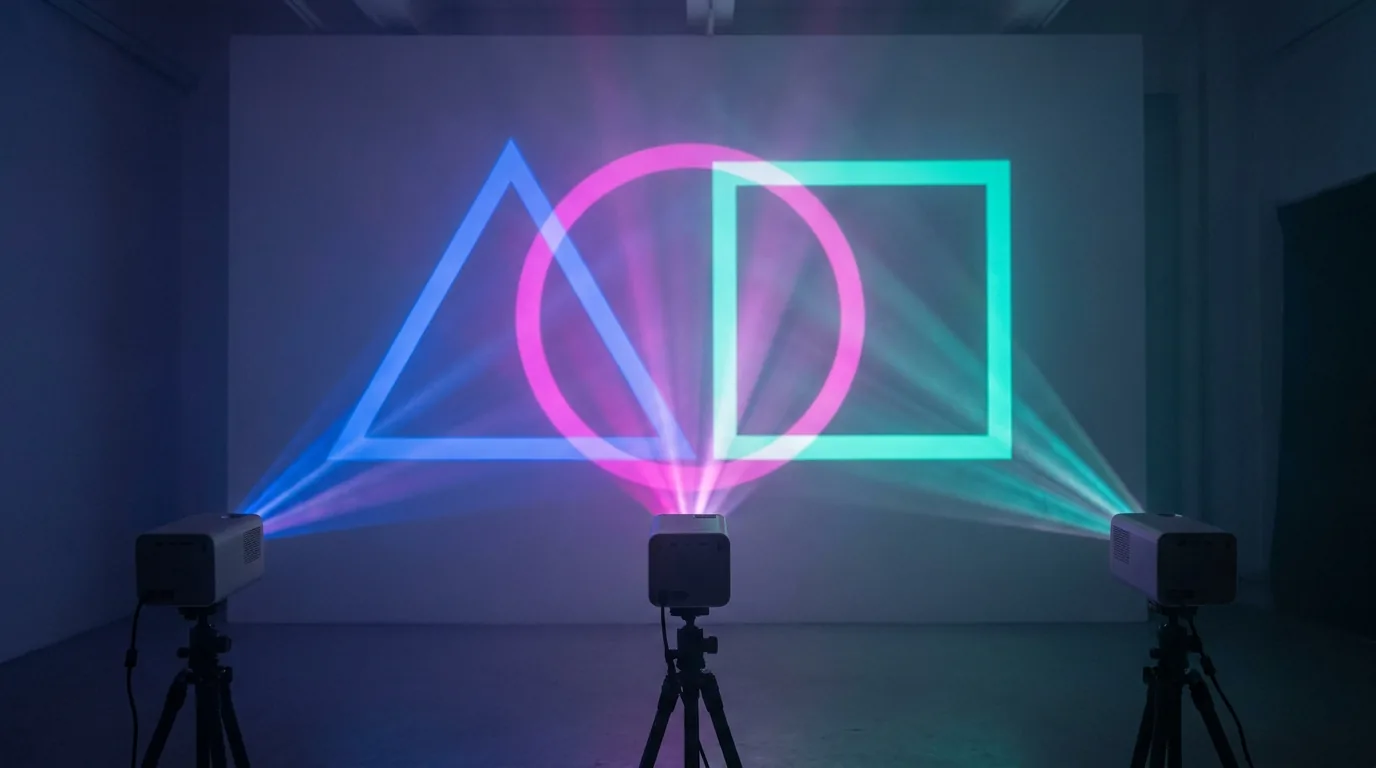 Projection mapped video warped onto an architectural surface, with the mapping controlled from a handheld device