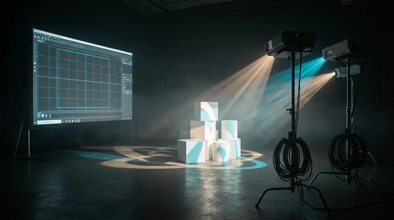 A desktop projection mapping session on a laptop beside a projector aimed at a textured wall, with a tablet used to adjust the mesh warp at the surface