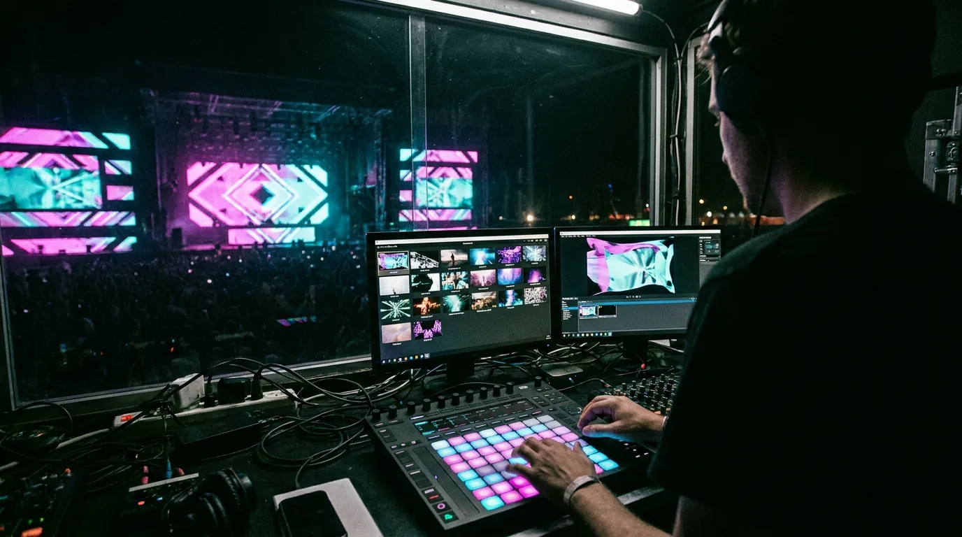Projection mapping software on a laptop at a live event, warping a video layer onto an angled stage surface with mesh warp points visible