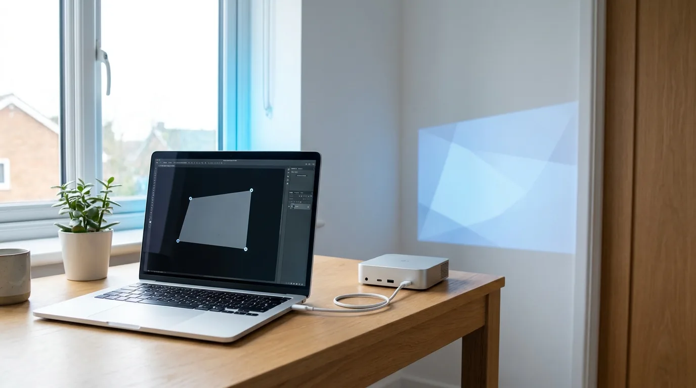 A MacBook running projection mapping software for Mac with the projector connected as an extended second display, warping a video layer onto a textured wall