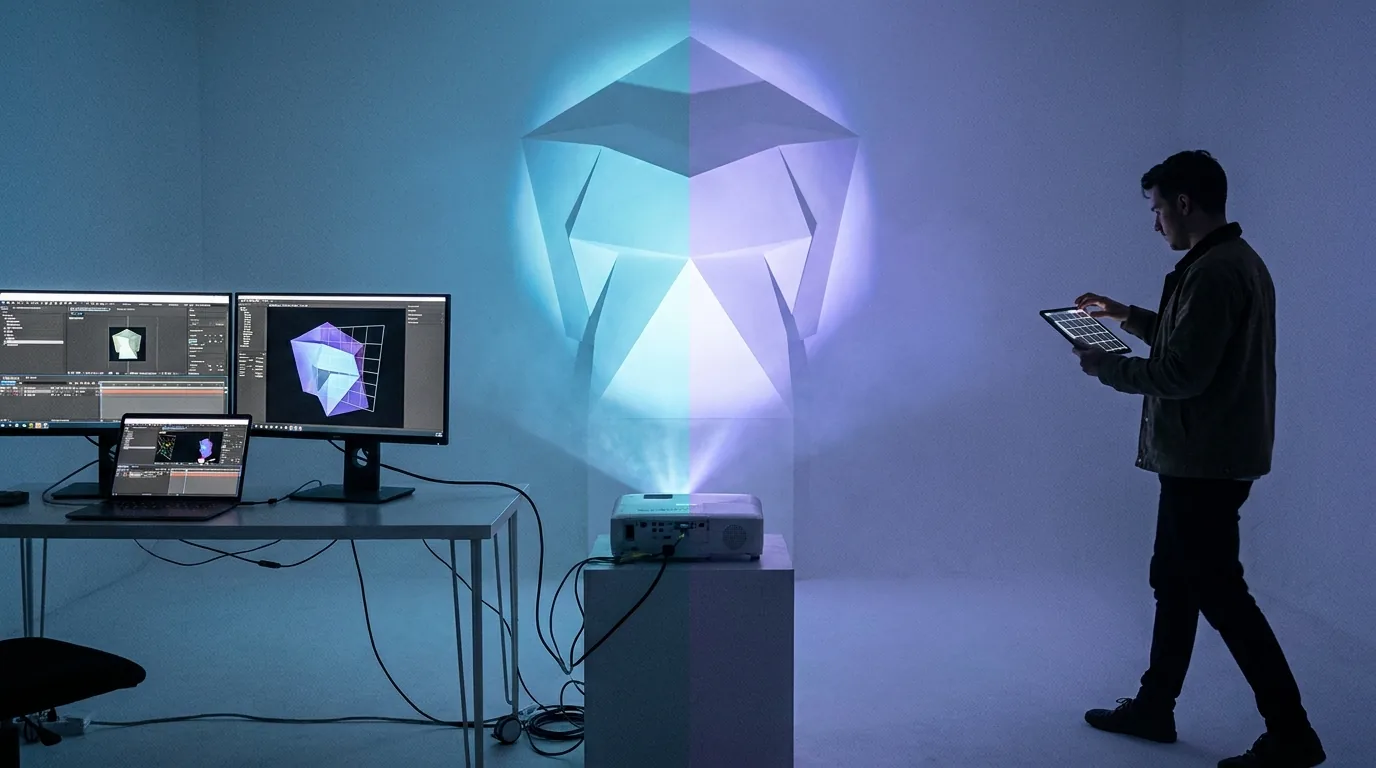 A laptop running projection mapping software next to a tablet held up in front of a mapped architectural surface, both showing the same warp mesh