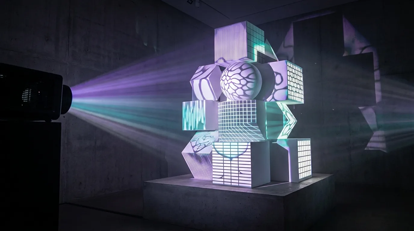A three-dimensional object lit by a single projector, with mapping software mesh grids and mask outlines aligned to each visible face