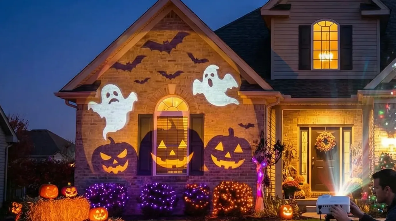 Three pale pumpkins on a porch step with animated singing faces projected onto them, each face masked to its own pumpkin so no light spills onto the wall behind