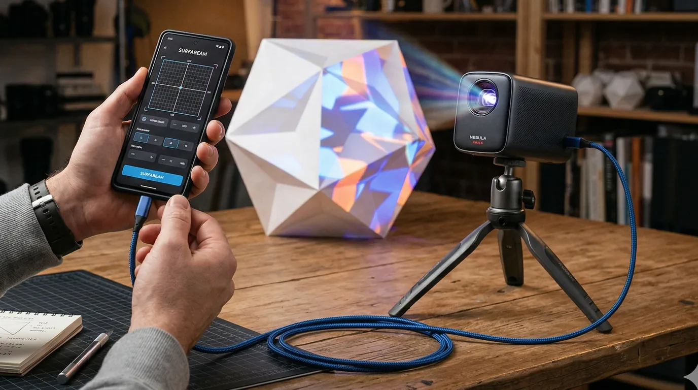 A phone running SurfaBeam propped beside a mini projector on a workbench, mapping video onto a paper polyhedron