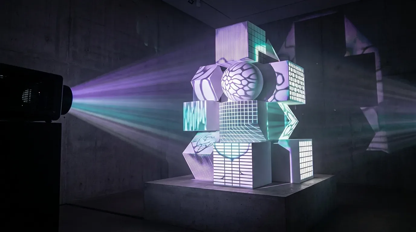 A projector beam crossing a dark room and landing on a mapped sculpture, the artwork lit to its edges while the wall behind stays black