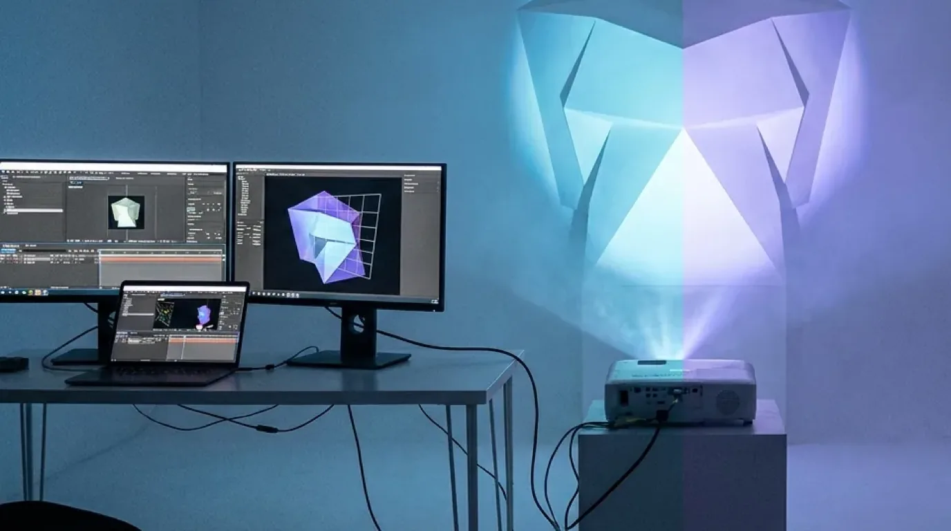 Editing workstation with a video timeline open on a black-background loop, preparing projection mapping content before the projector is switched on