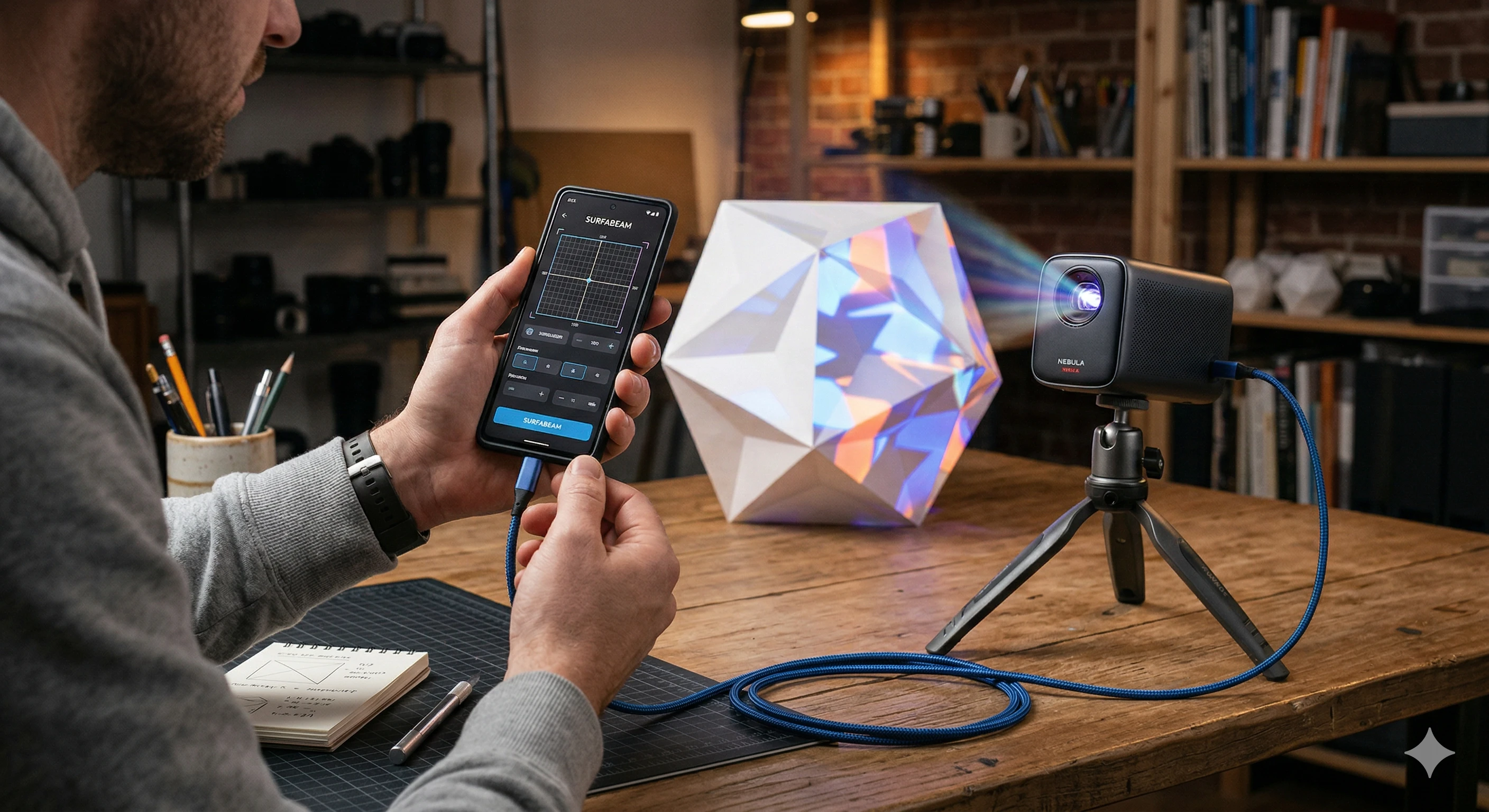 SurfaBeam Pro projection mapping app running on an Android phone, mapping visuals onto a real-world surface using mesh warping