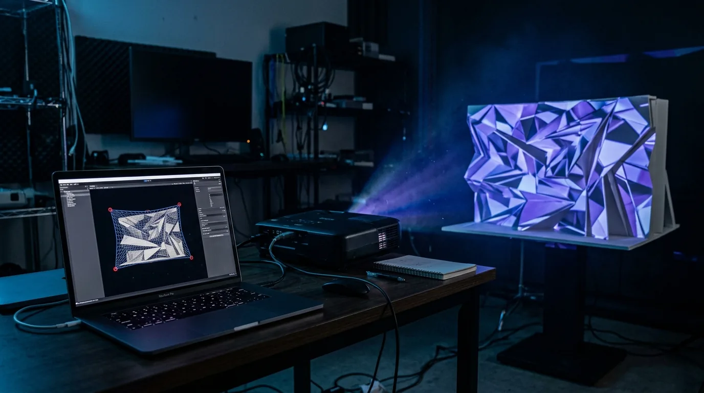 Projection mapping software warping a video layer onto an angled architectural surface, with the mesh grid and mask outline visible
