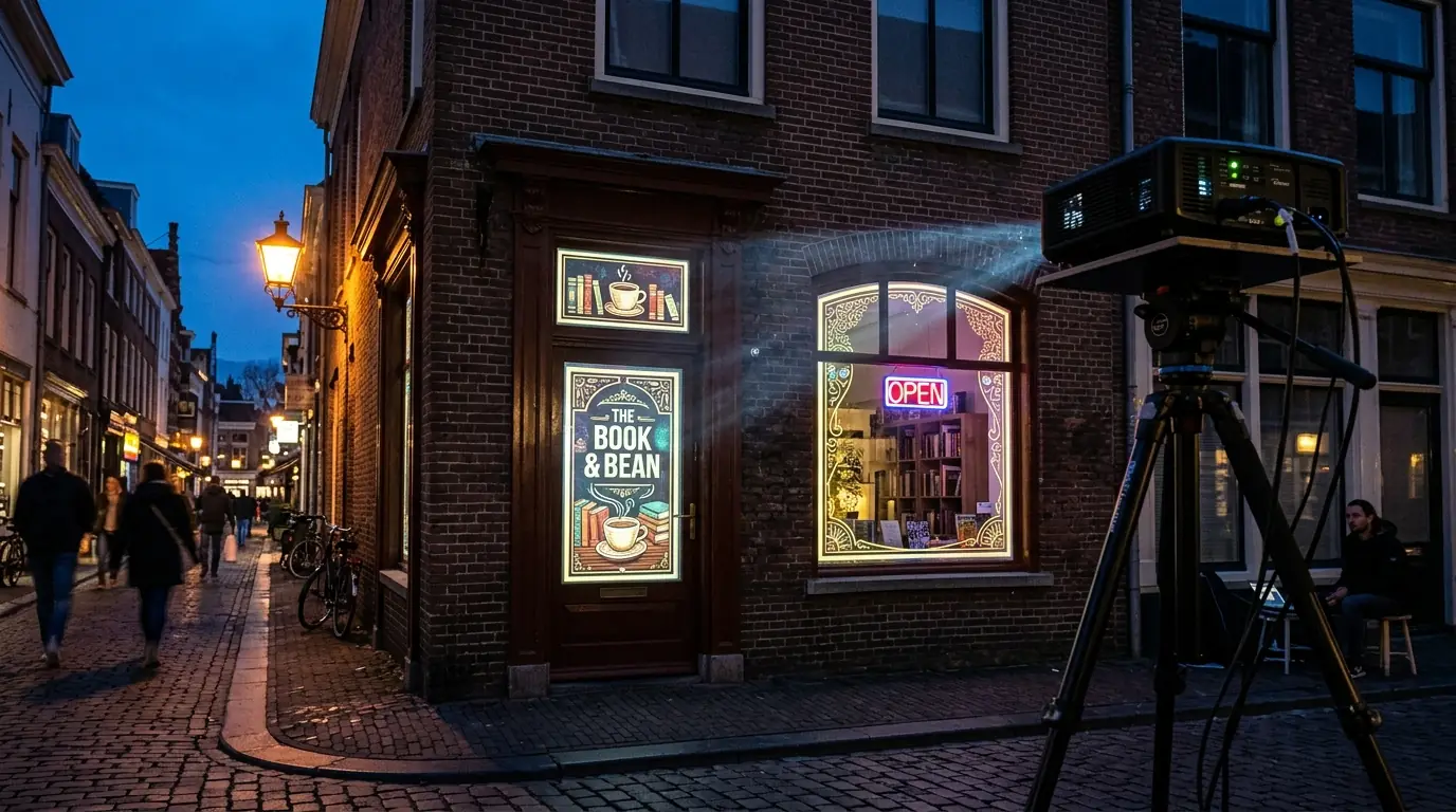 A projector on a tripod across a narrow street throwing mapped graphics onto the brick front of a small shop building at dusk, with the window bays lit separately and the surrounding wall left dark