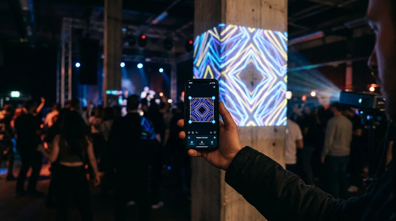 A phone held at arm's length beside a lit pillar, adjusting the corners of a projected geometric pattern while the projector stays running