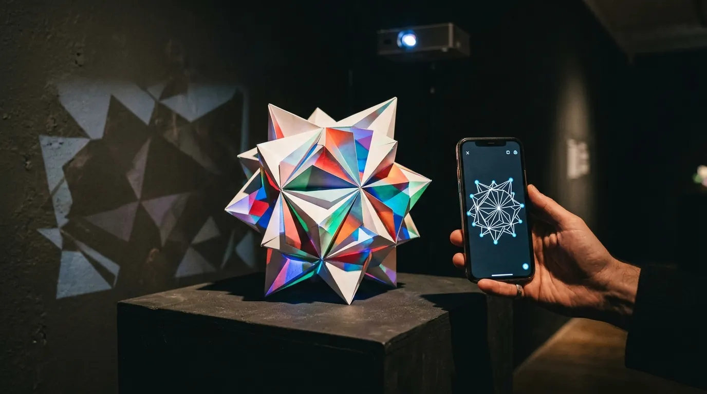A faceted paper sculpture lit by a small projector in a dark room, with a phone held beside it showing corner handles overlaid on the same shape