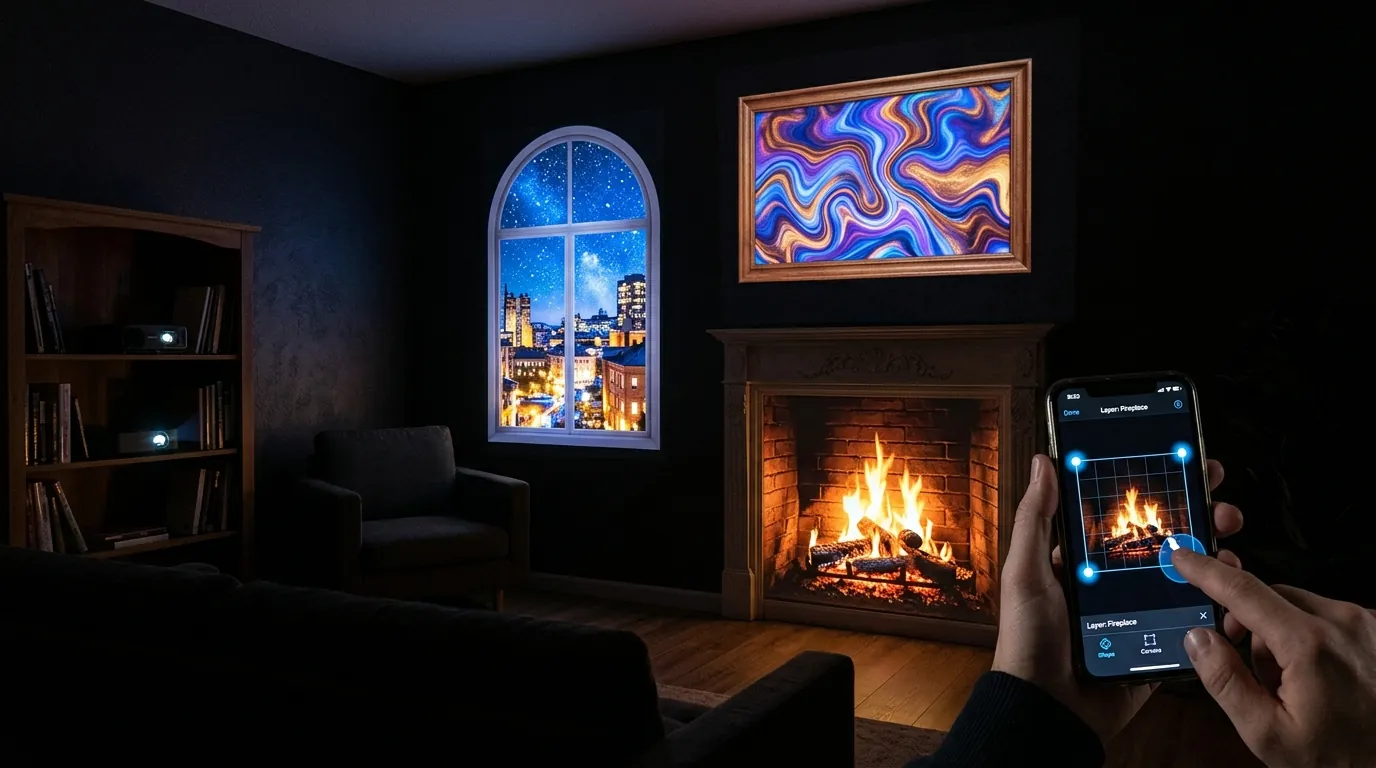 A dark living room at night with one projector on a shelf throwing a mapped window scene onto a blank wall, a fire loop into an empty fireplace opening and colour into an empty picture frame, while a hand holds a phone showing the four corner dots of a surface being dragged into place