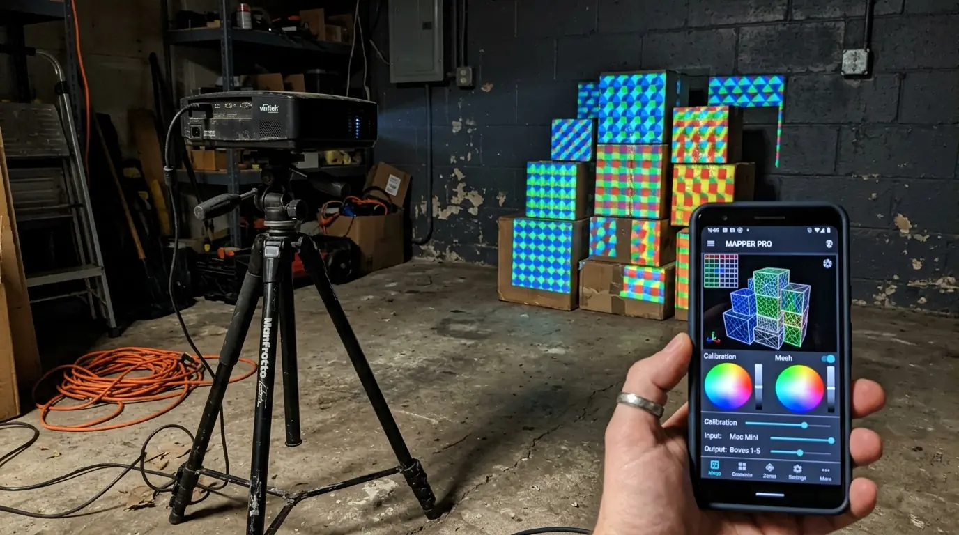 A second-hand projector on a camera tripod in a dark garage, aimed at a stack of cardboard boxes, with a phone held up beside it showing the mapping controls