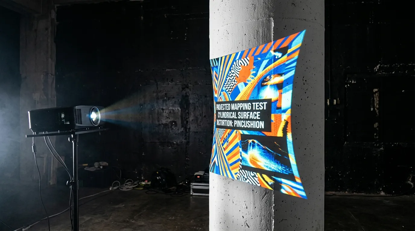 A projector throwing a bright rectangle at an angle onto a round concrete pillar, with the image edges bowed in software so the picture wraps the curve instead of creeping off the sides