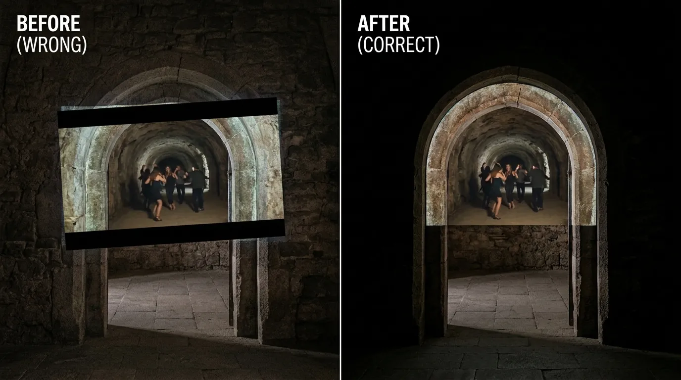 Split comparison of a phone casting to a projector: on the left a plain letterboxed rectangle sitting crookedly across an arched doorway, on the right the same image mapped so it fills the arch exactly and the wall around it stays black