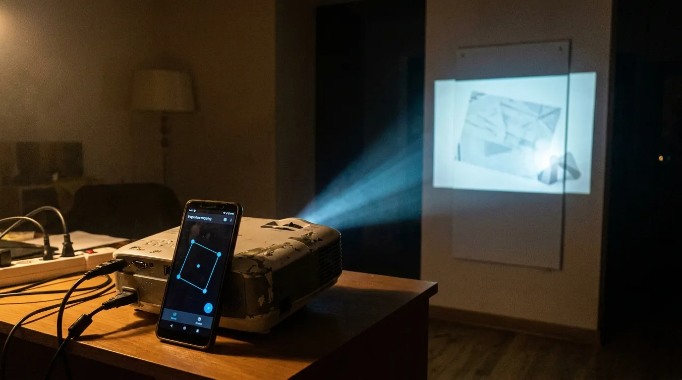 An Android phone running SurfaBeam next to a small projector, its mapped image landing on a wall panel with the free version's watermark visible in the corner of the projection