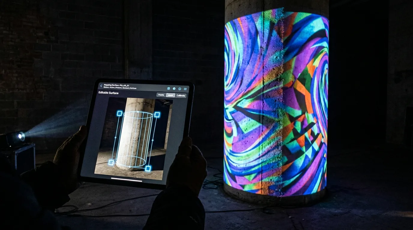 A projector lighting a curved concrete pillar at night with mapped video, while a tablet held beside the pillar shows the same surface outlined by four corner handles